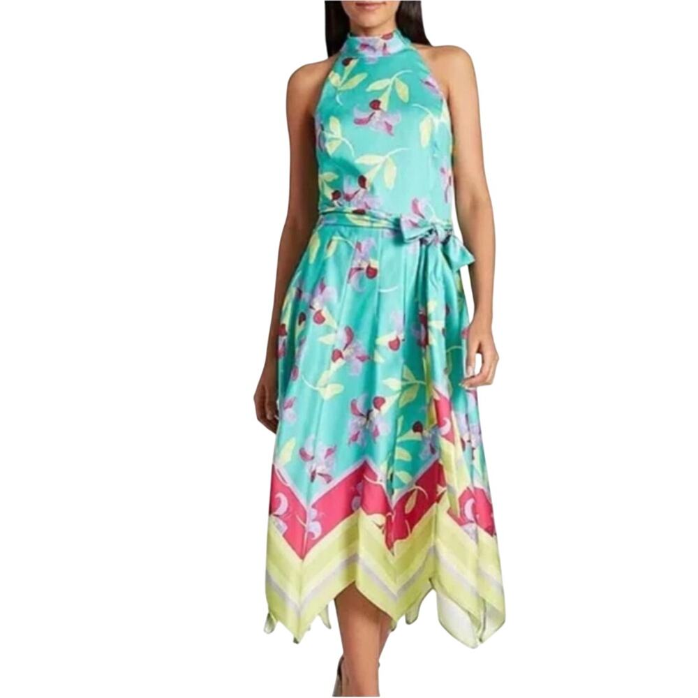 Tahari Arthur S Levine Turquoise Lily Hankerchief Hem Halter Midi Dress 16 VGUC